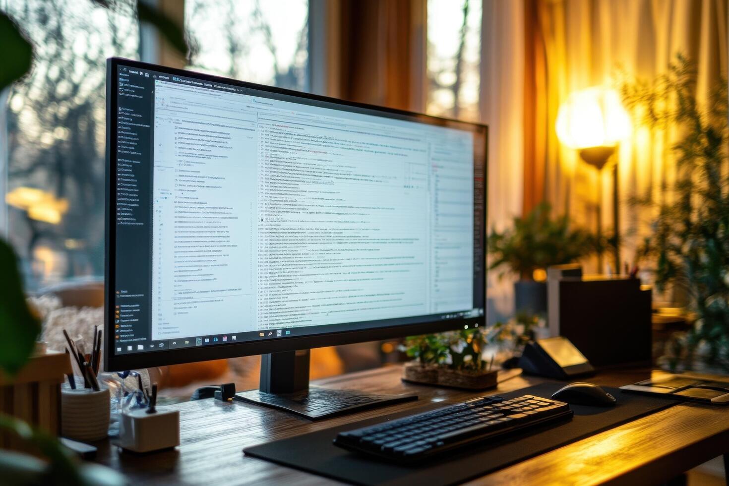 A computer monitor on a desk in front of a window photo