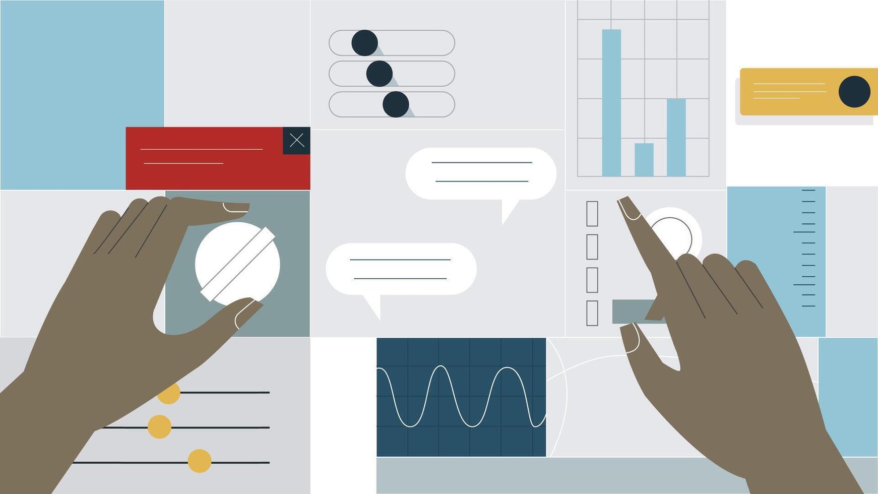 Hands interacting with data visualizations vector