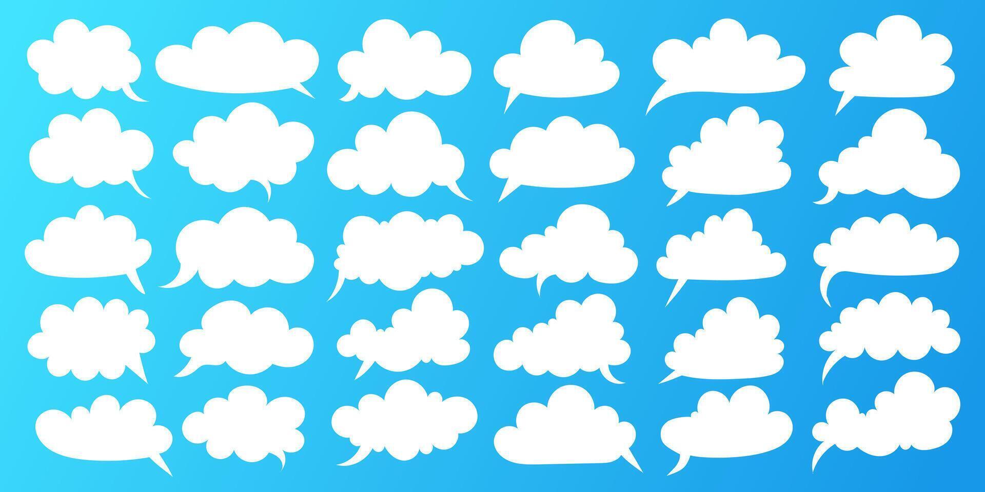 Big set of empty white speech bubbles in cloud shapes and cartoon style. speech bubbles for comic book dialogues, chats, messages, thoughts or pop art design. vector