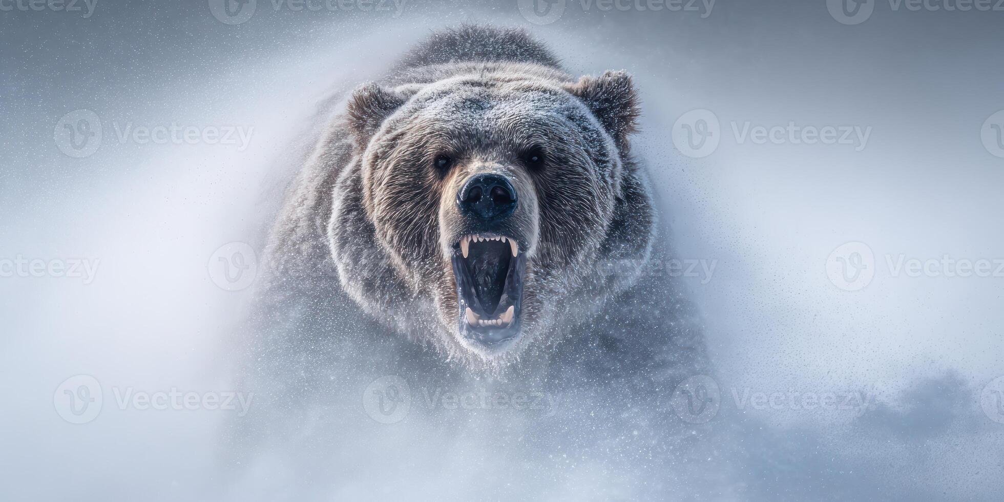 Snarling bear charging forward through a snowy, hazy environment, displaying ferocity photo