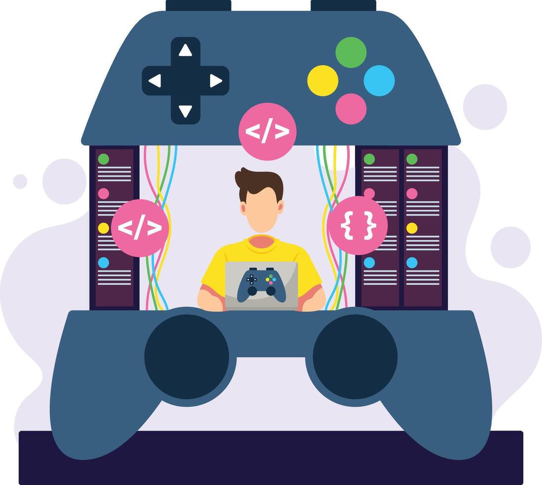 Boy developing game with coding skills illustration vector