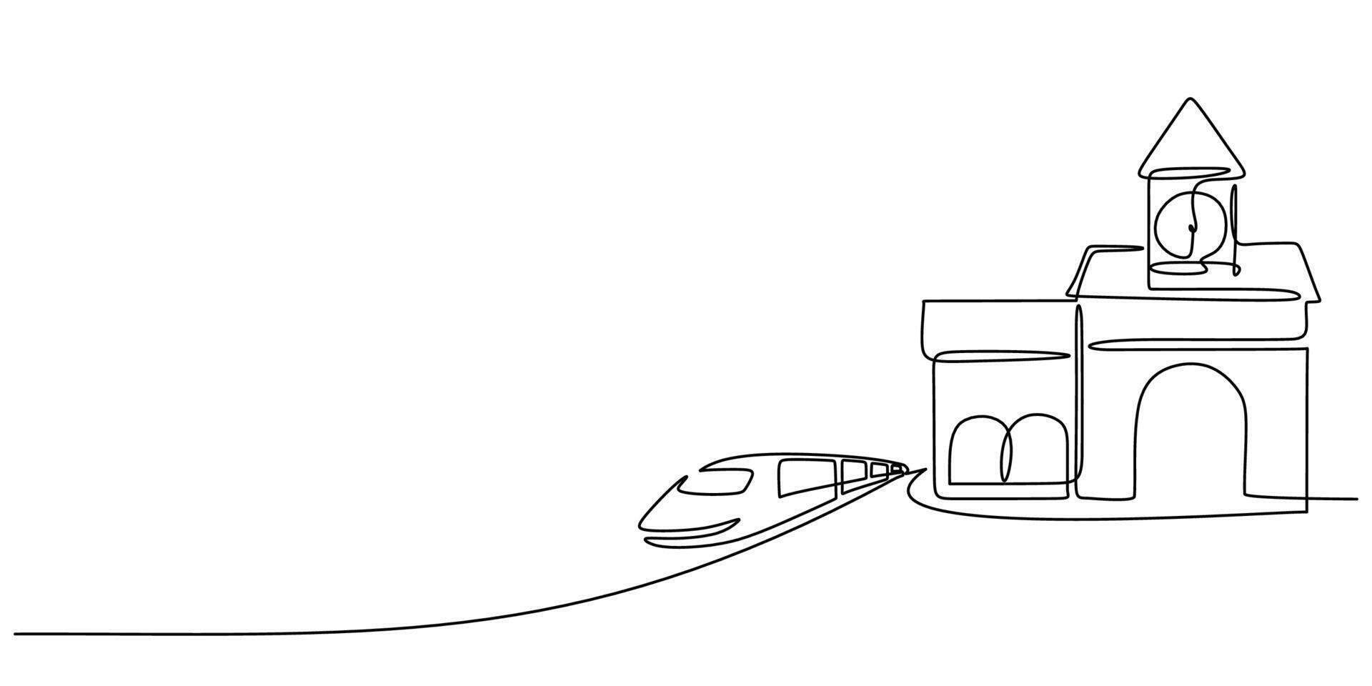 Train at a vintage clock tower station continuous line drawing, symbol of travel and punctuality. vector