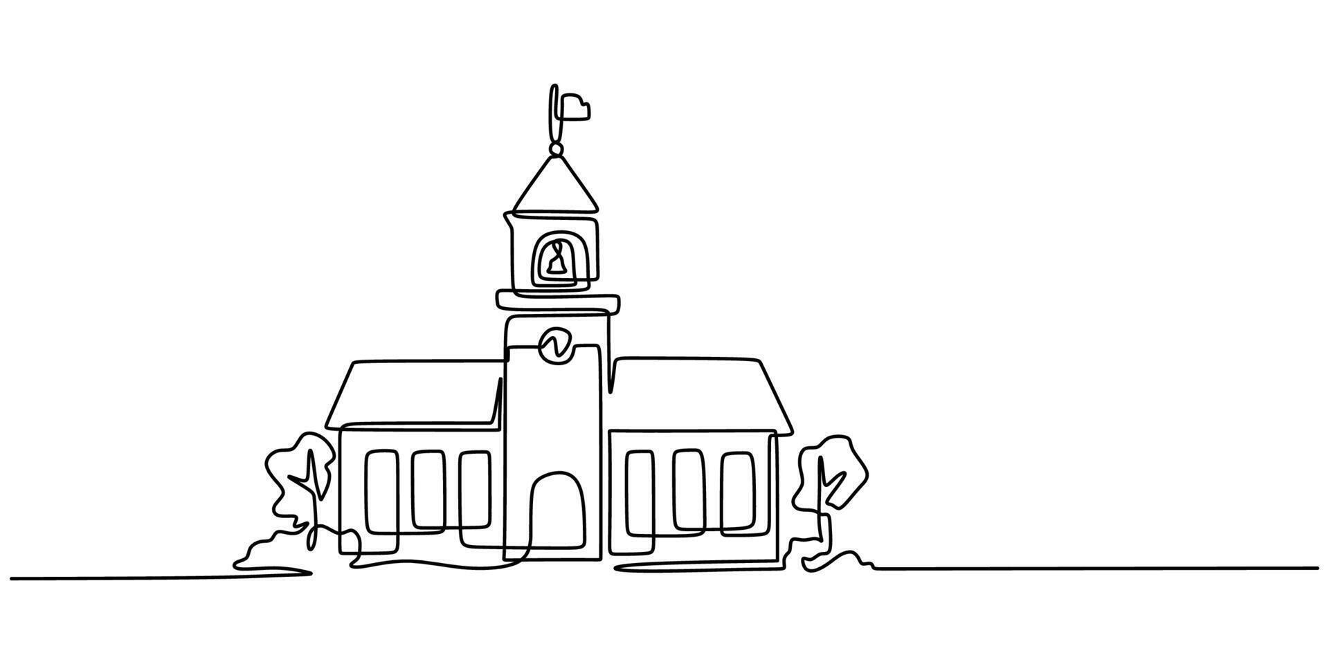 Minimalist single line drawing of a school building, academic institution architecture with a bell tower. vector