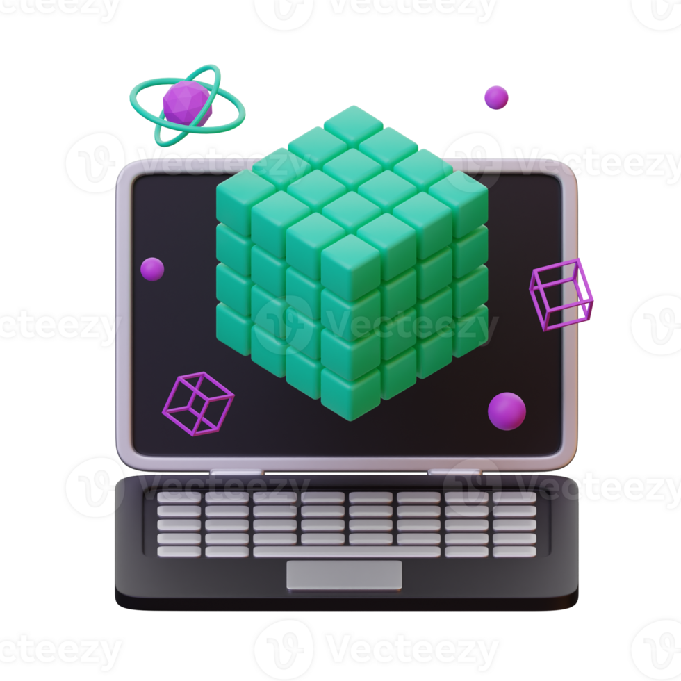uma computador portátil com uma cubo em isto e uma computador teclado png