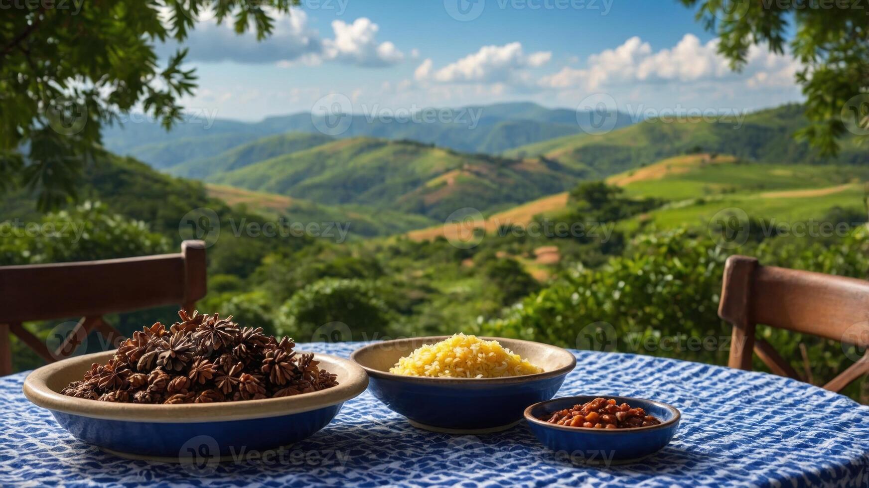 Chocolate and nuts in bowls on a table in front of a mountain view photo