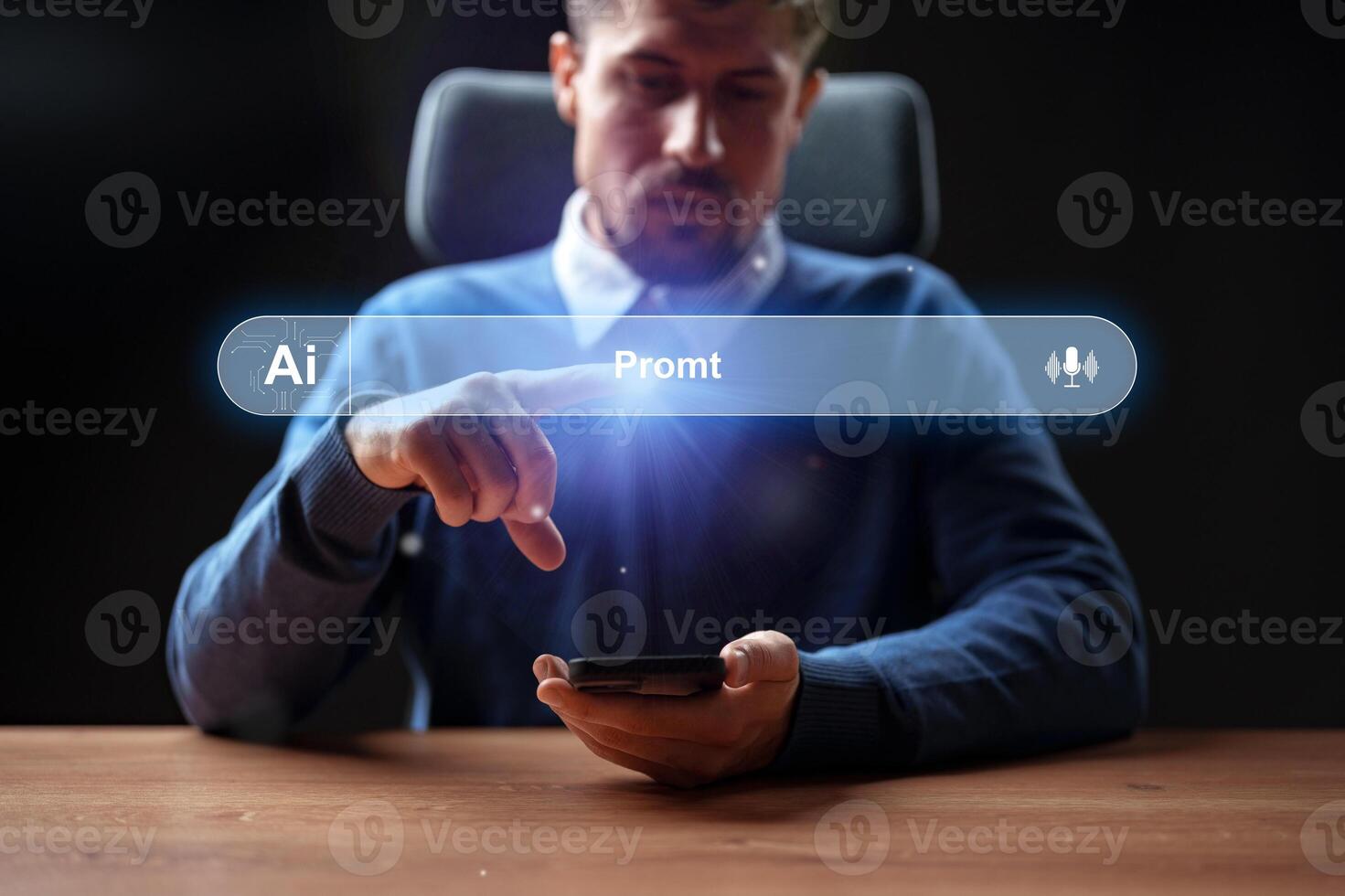 Man engages with mobile device, exploring artificial intelligence capabilities for creative prompts in modern workspace photo
