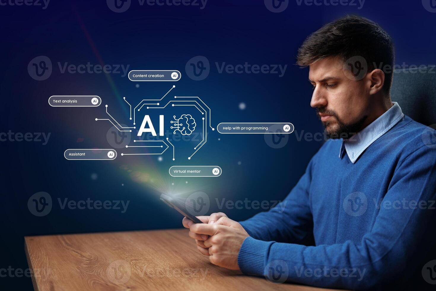 Man using tablet to explore artificial intelligence applications in content creation and programming assistance photo