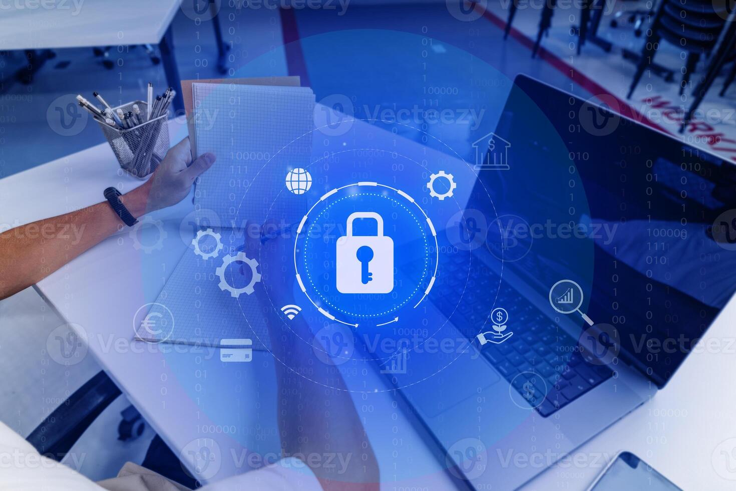 Secure digital workspace with focus on cybersecurity and data protection techniques in a modern office environment photo