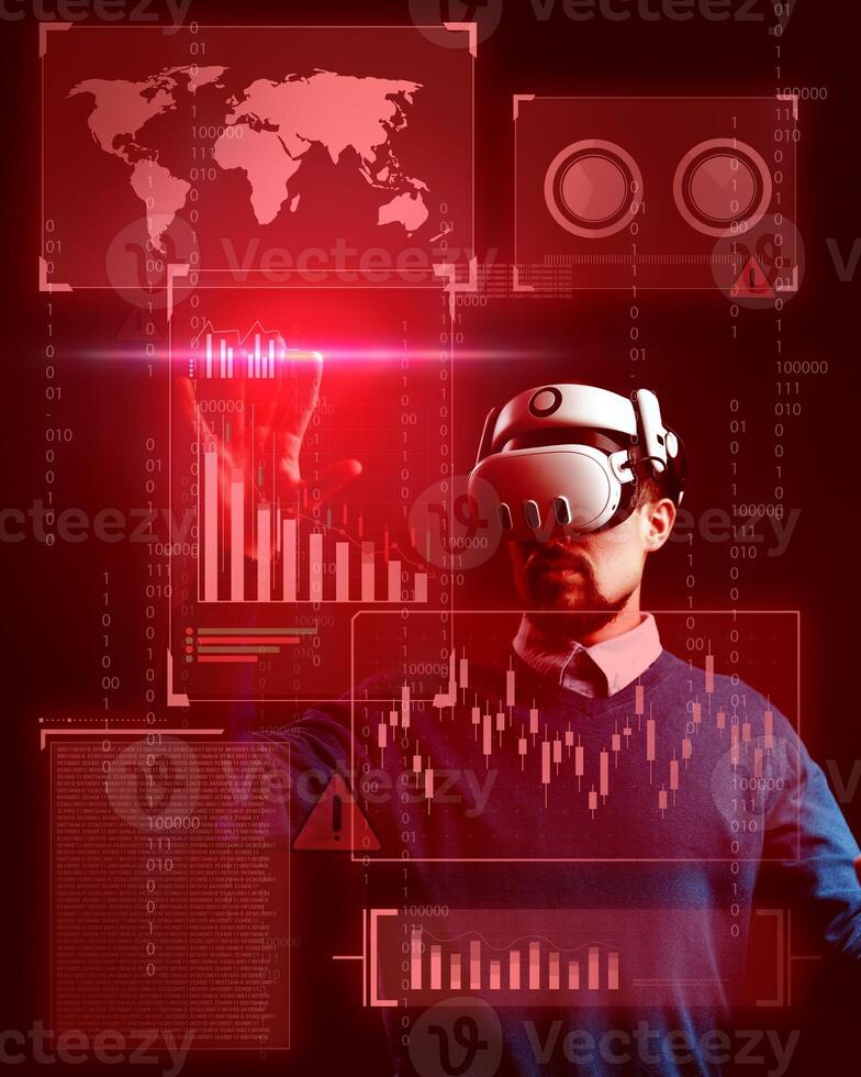 Virtual reality user interacts with data visualization and analytical graphs in a modern workspace environment photo