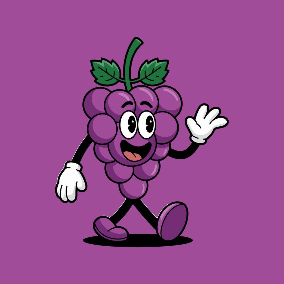 Cheerful Retro Cartoon Grape Character Waving and Walking with a Happy Expression vector