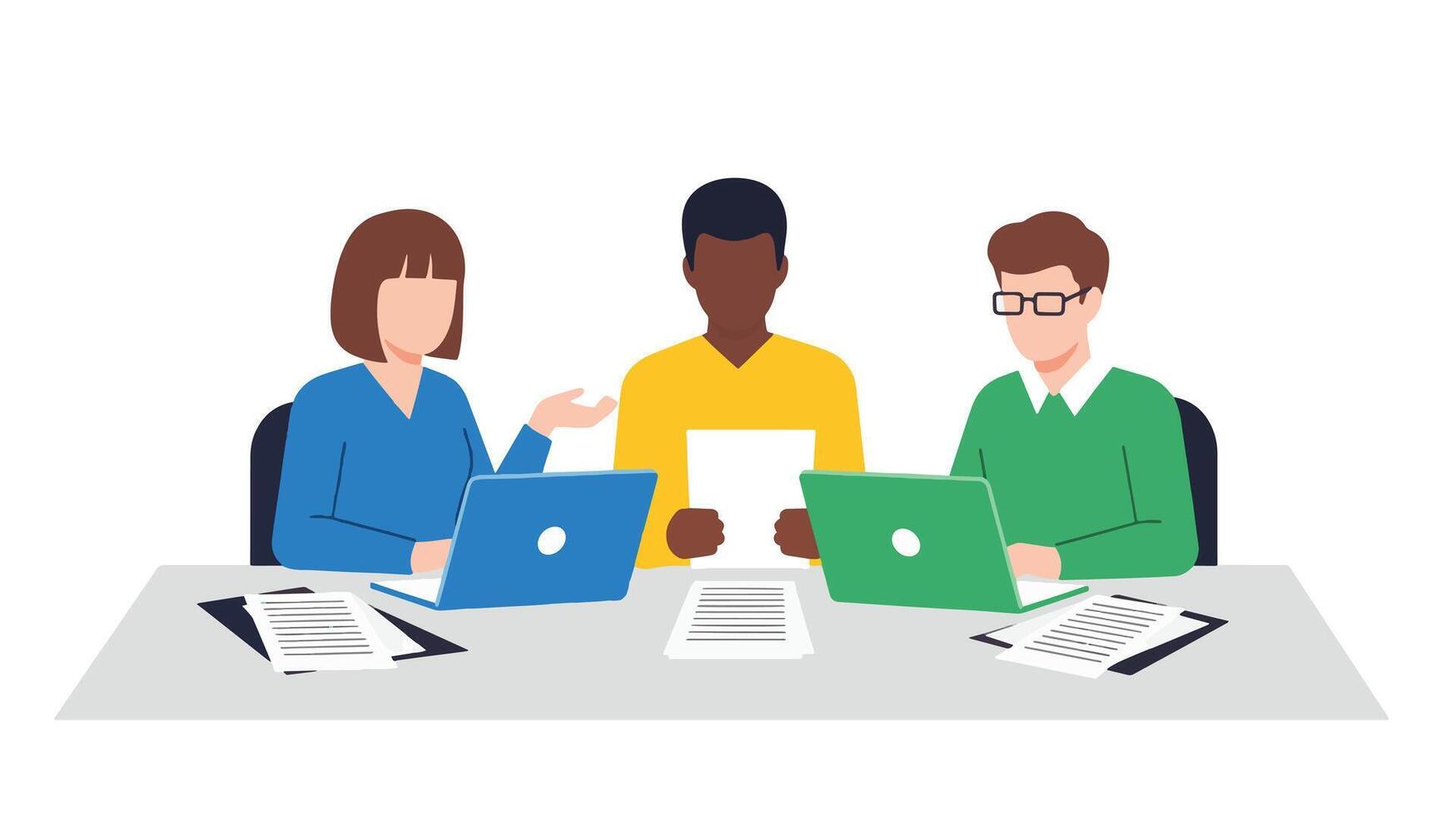 Diverse team collaborating around a table with laptops and documents vector