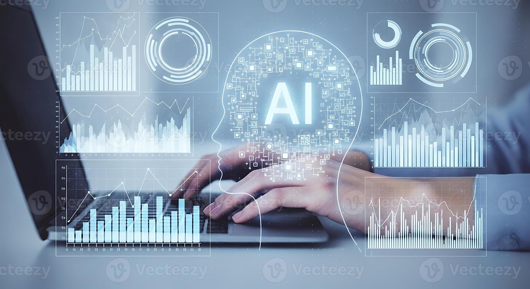 Person using laptop with ai and data analysis visualizations on screen photo