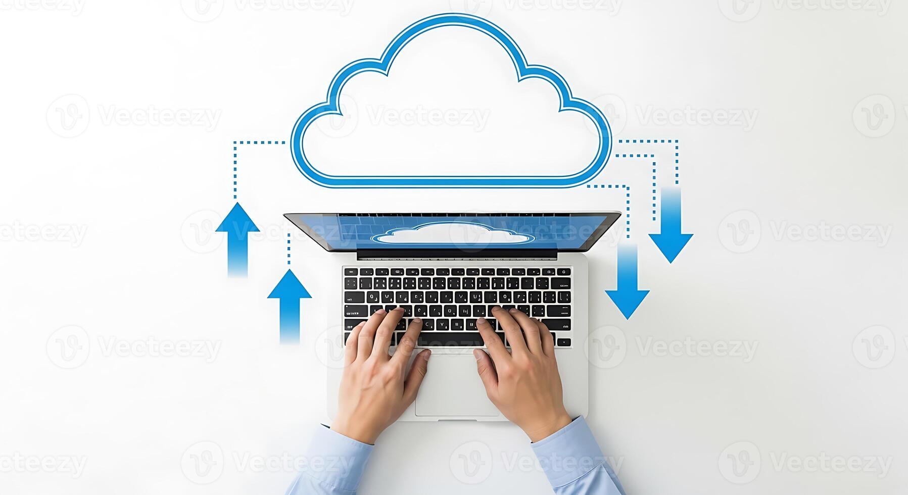 Hands typing on laptop with cloud computing data transfer arrows showing upload and download in bright modern concept photo