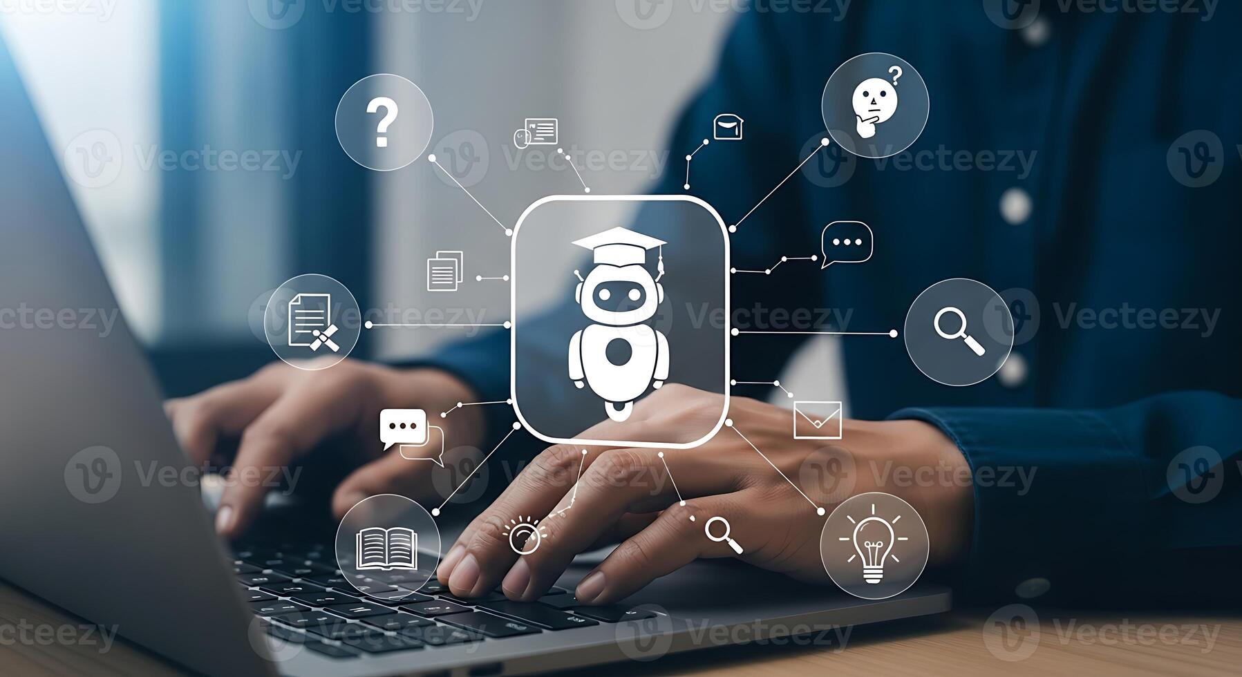 Hands typing on laptop keyboard with futuristic glowing digital icons and data flow for technology and ai concept photo