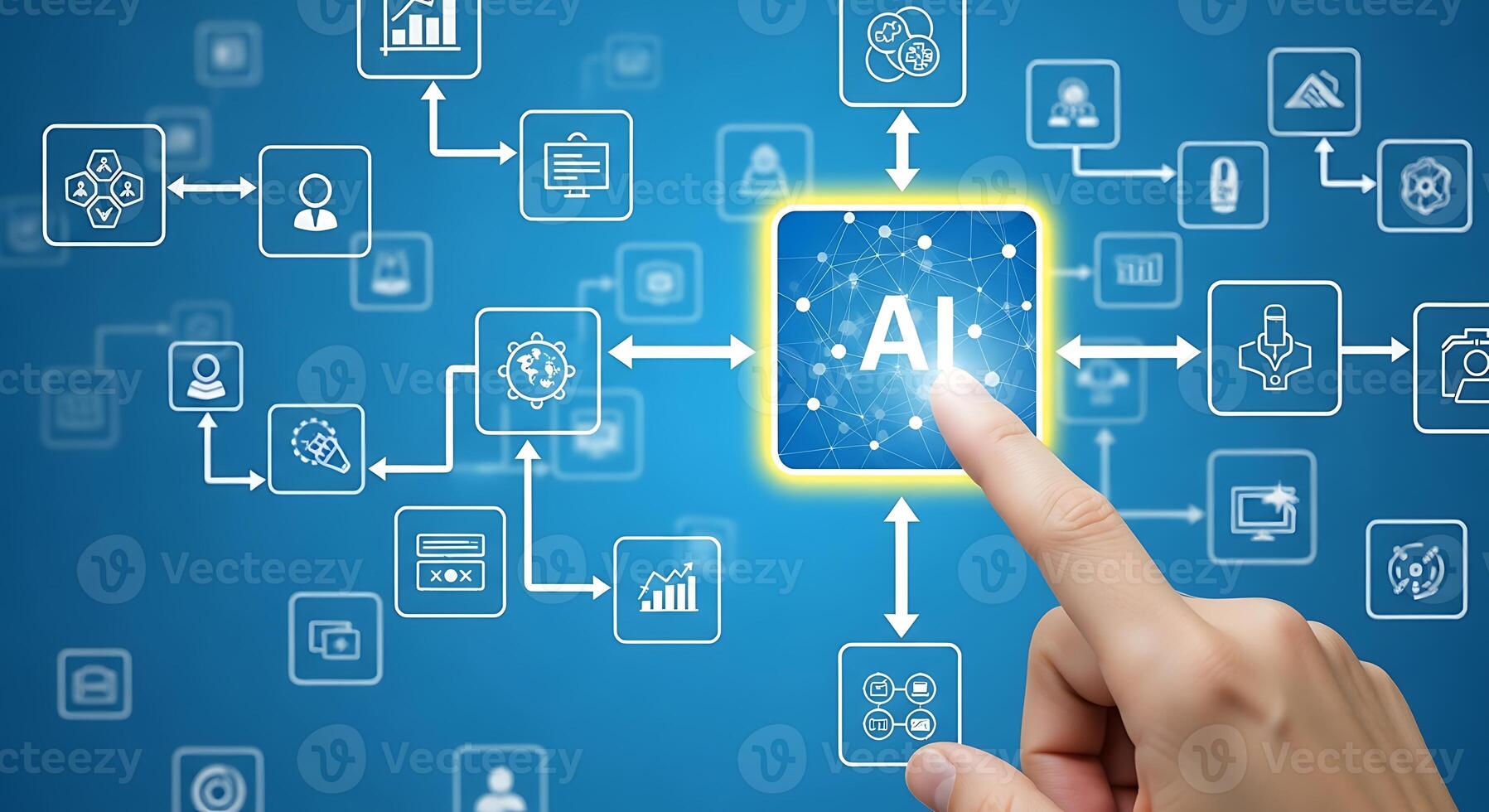 Human finger touches glowing ai symbol in a futuristic digital network interface displaying connections and data flow photo