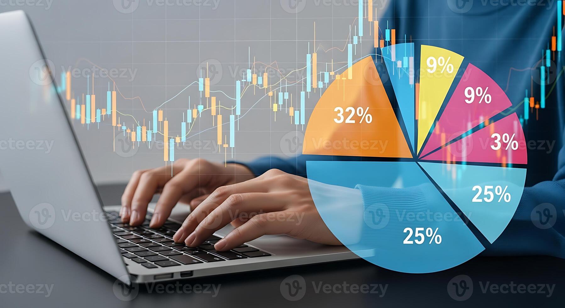 Hands typing on laptop computer with colorful pie chart and financial graph overlay for business analytics and data visualization concepts photo
