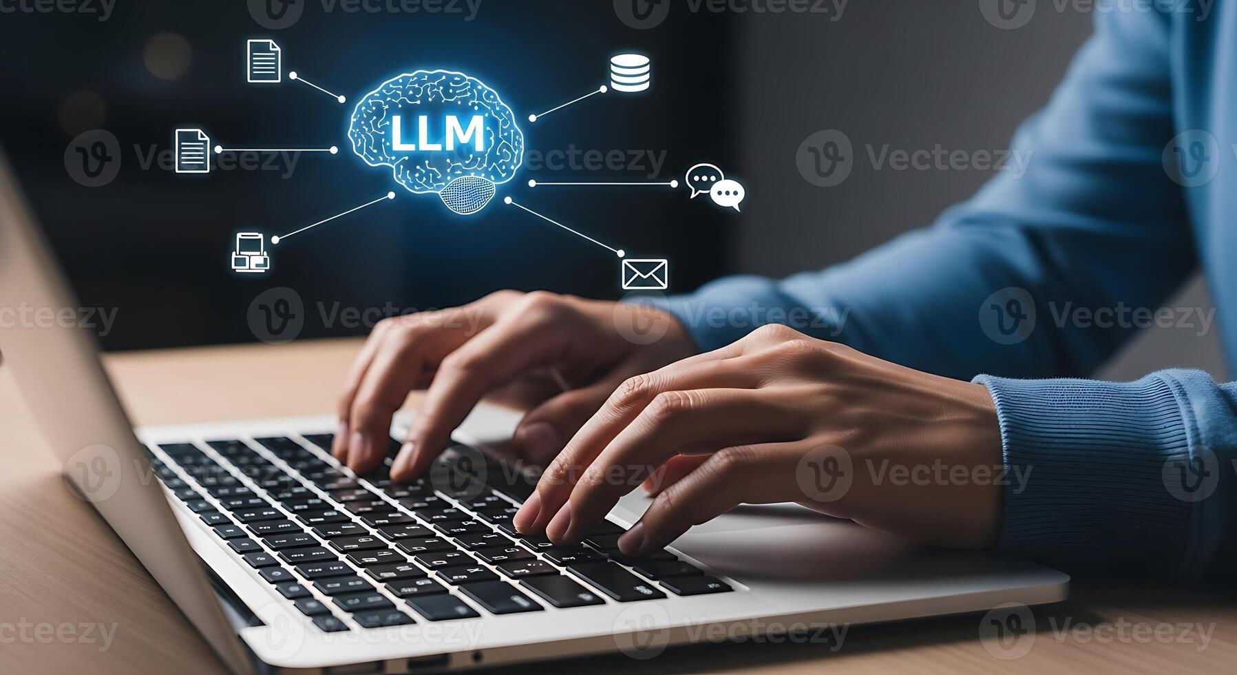 Hands typing on laptop keyboard with glowing llm neural network hologram above demonstrating ai technology and data connections photo
