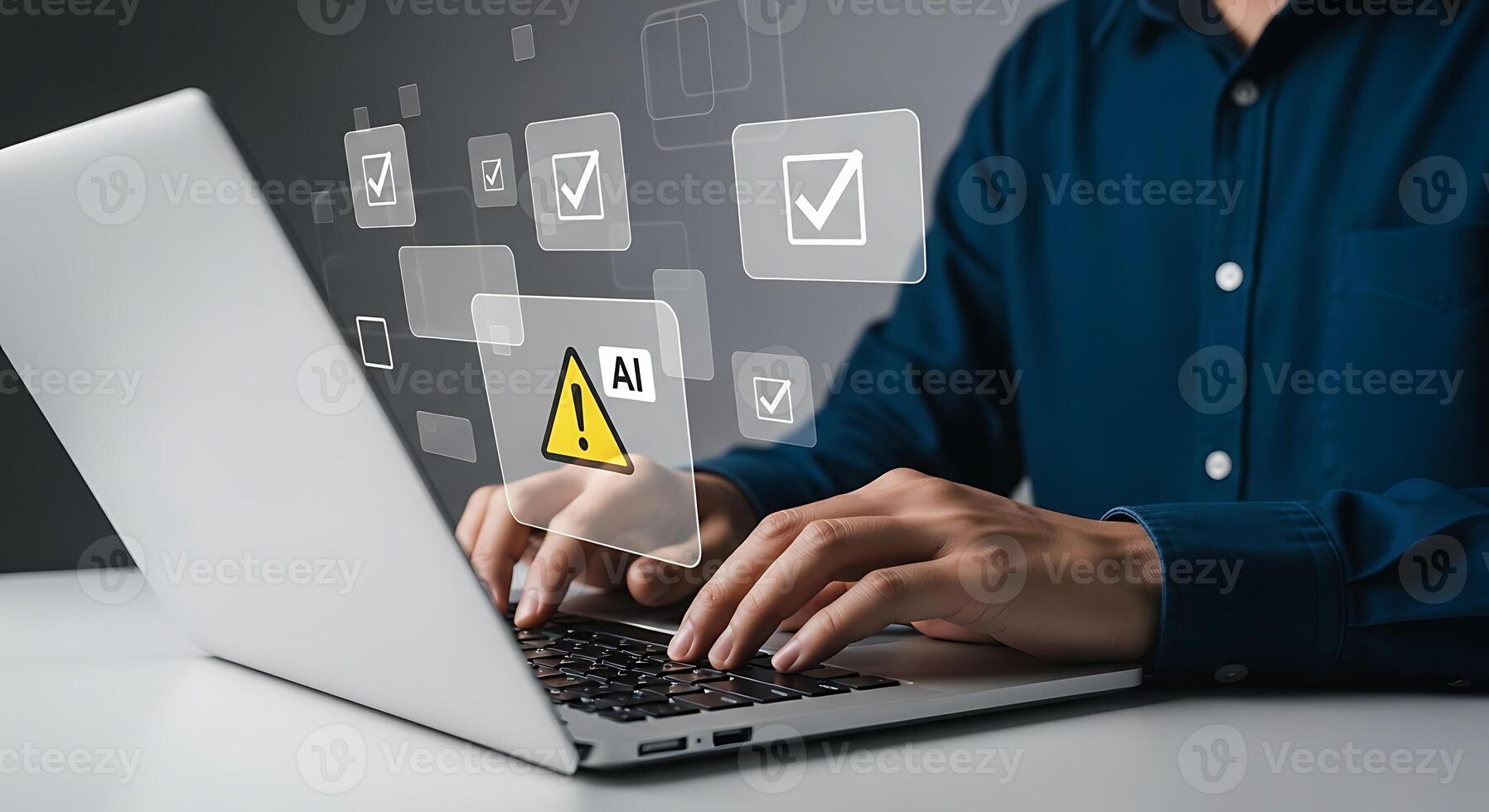 Business professional using laptop with digital interface displaying security warnings and checklist icons for cybersecurity and compliance photo