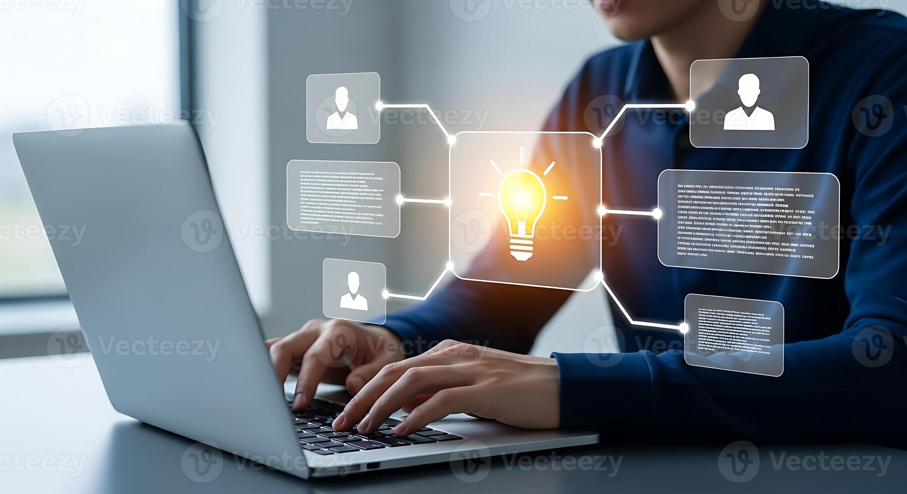 Businessman using laptop with digital interface showing data analytics and user profiles symbolizing business growth and technology. photo