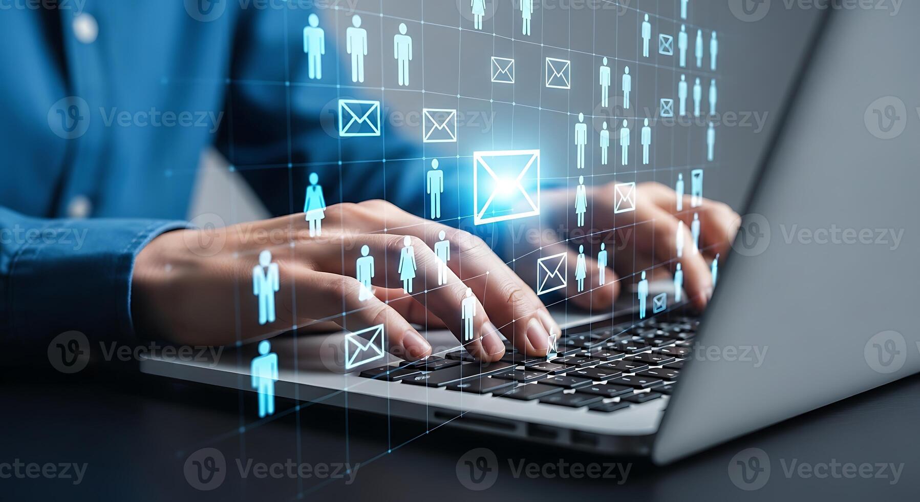Business professional typing on laptop with digital network and data flow overlay representing global connectivity and information technology photo