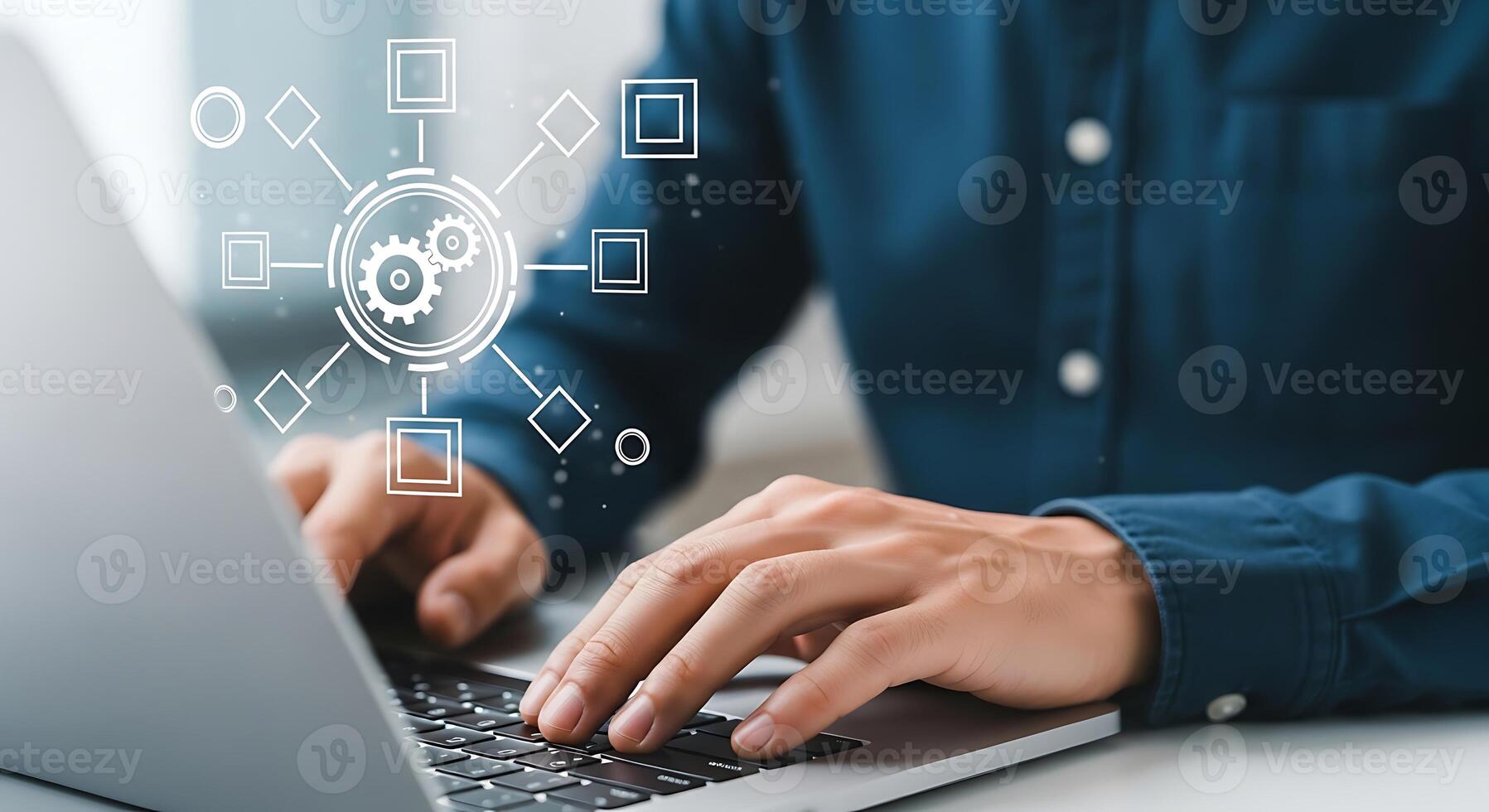 Hands typing on a laptop keyboard with glowing digital network connections and data flow overlay technology concept photo
