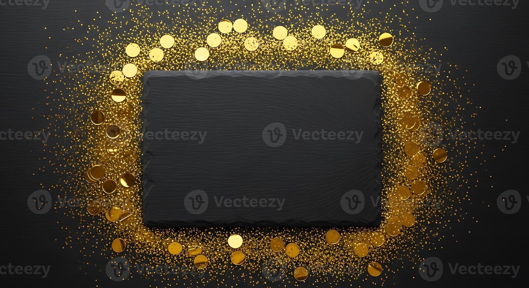 Dark rectangular object surrounded by sparkling golden lights and festive glittery elements photo