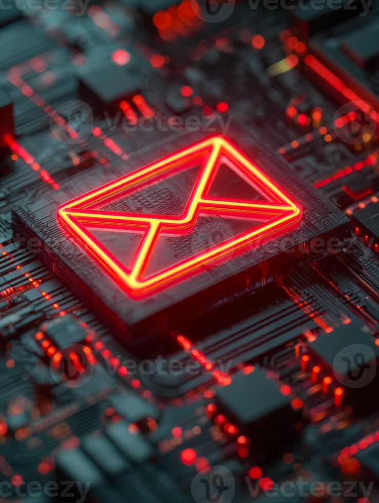 Futuristic digital concept of an encrypted messaging platform with glowing neon email icon on a high-tech circuit board photo