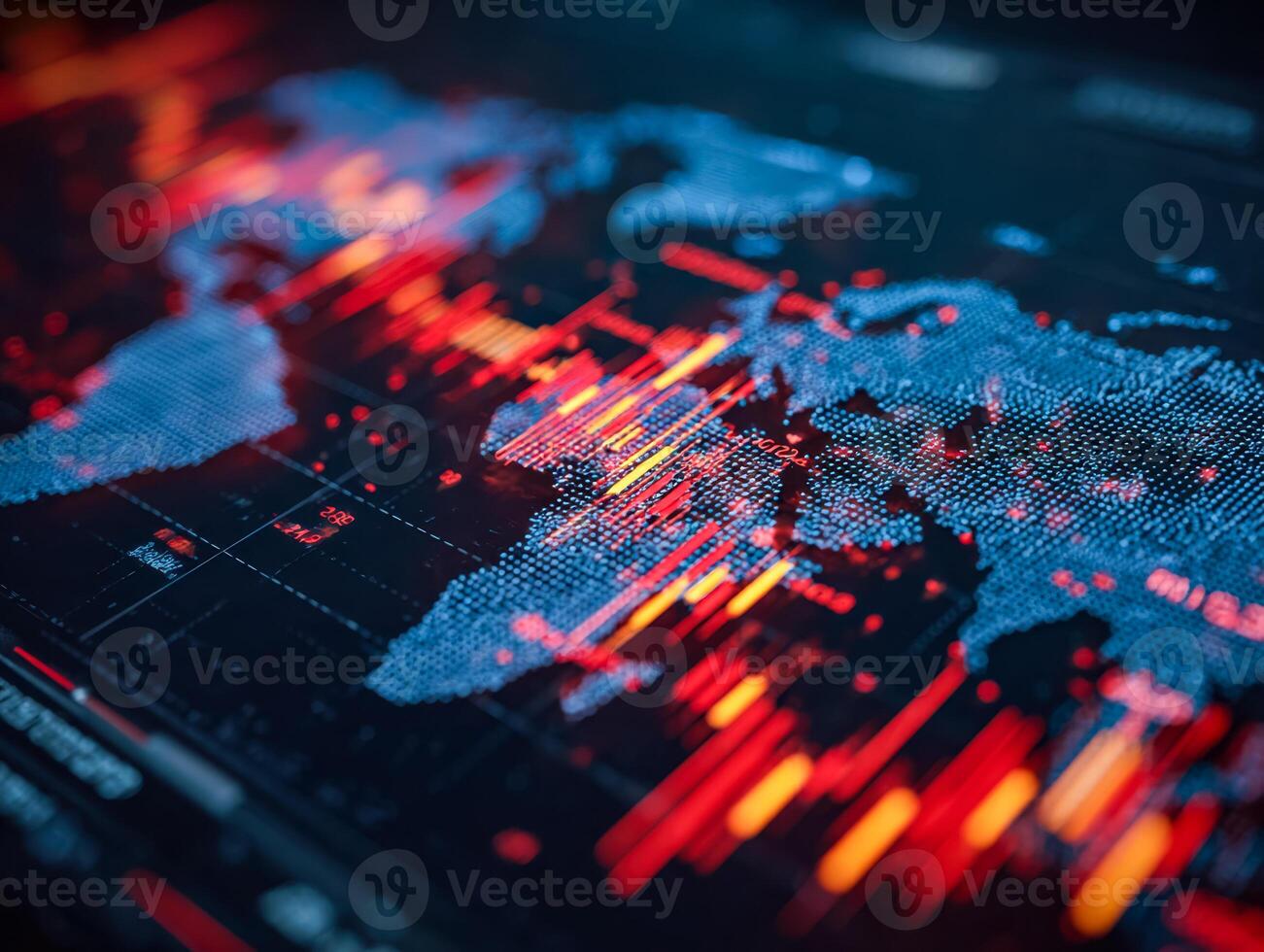 Digital world map with dynamic data visualization and stock market trends photo
