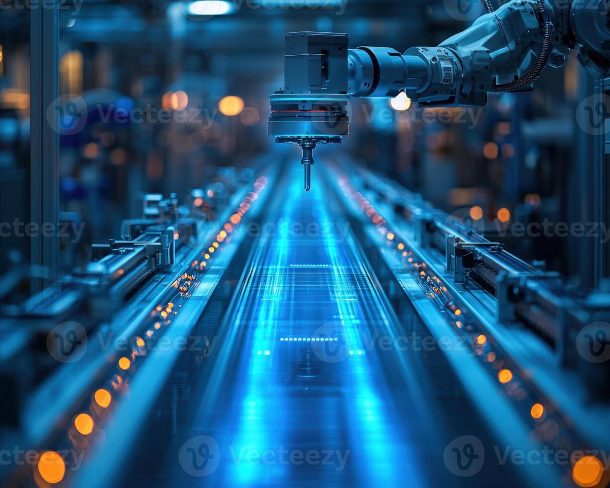 A robot is working on a conveyor belt in a factory photo
