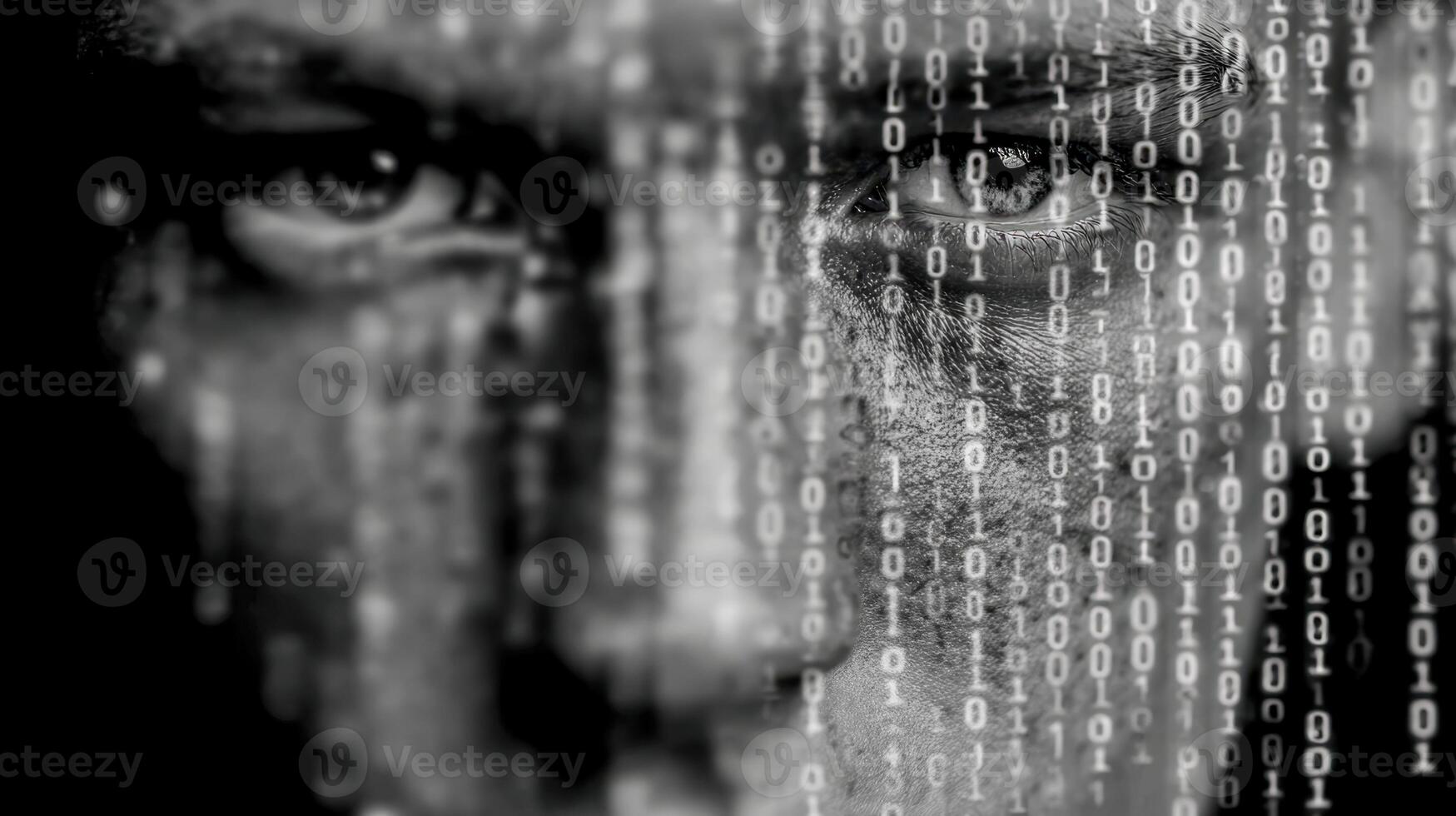A man's face is covered with binary code photo