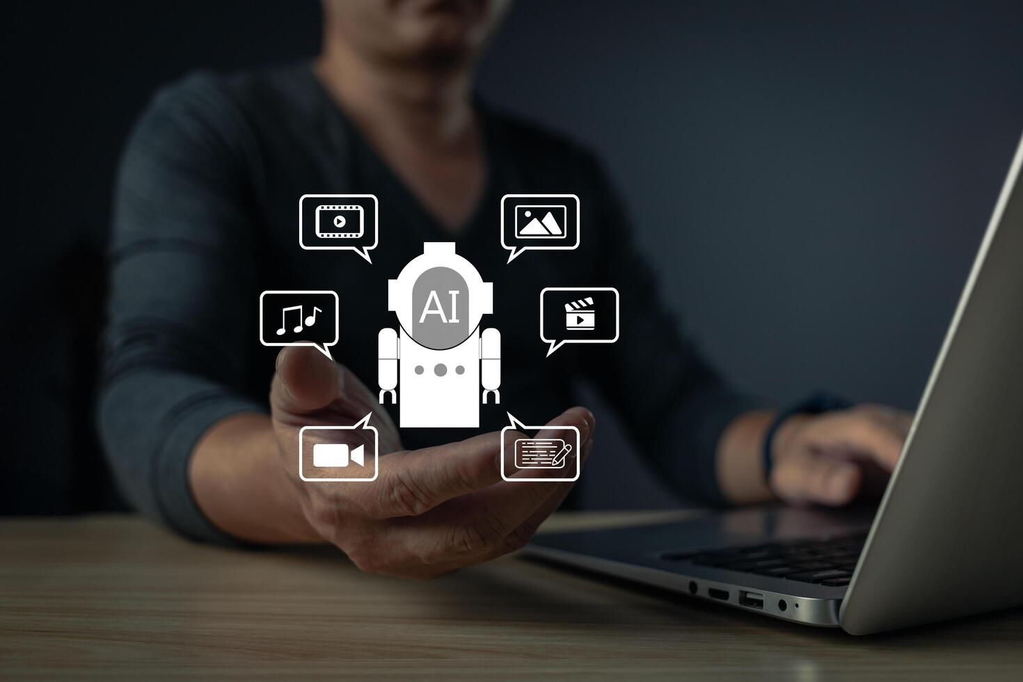 A person interacts with a holographic AI chatbot interface displaying icons for music, , text, and images, symbolizing artificial intelligence's role in multimedia and communication. photo