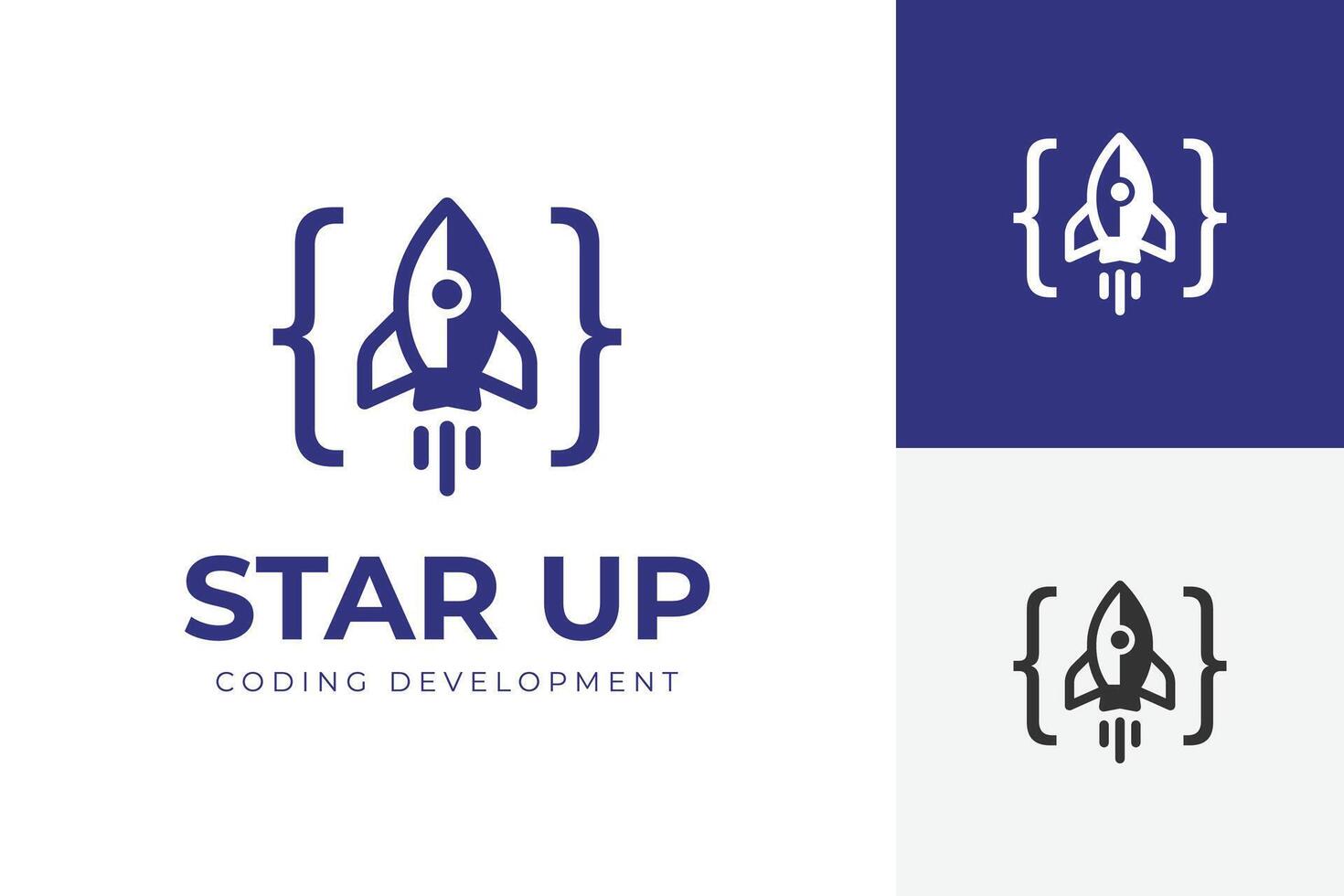 Coding Development logo with rocket launch and curly braces symbol for development, tech innovation, software development, and fast growth graphic concept vector