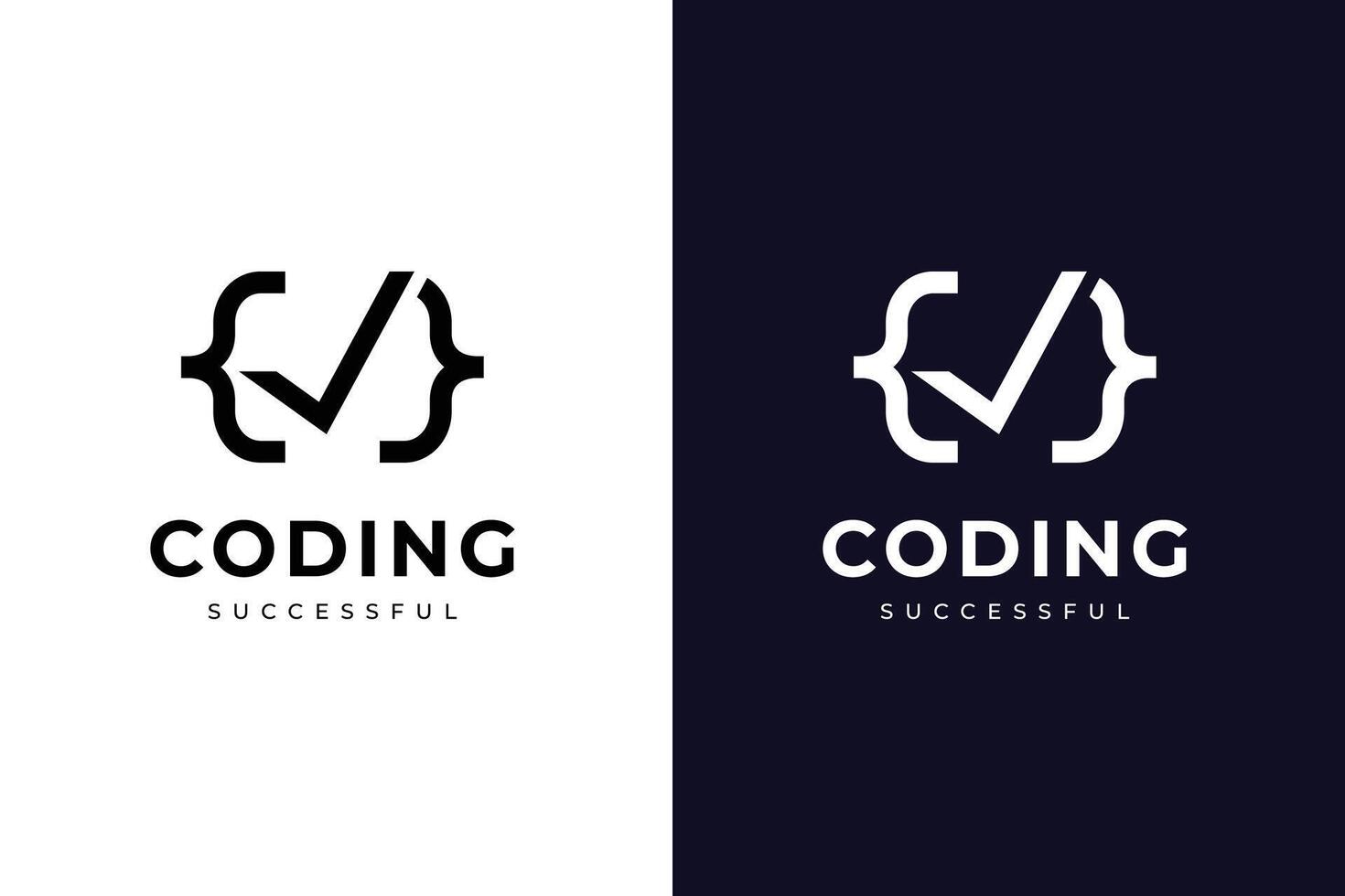 Minimalist coding success logo icon design with a check mark graphic concept symbolizing successful programming, web development, IT, and software projects vector