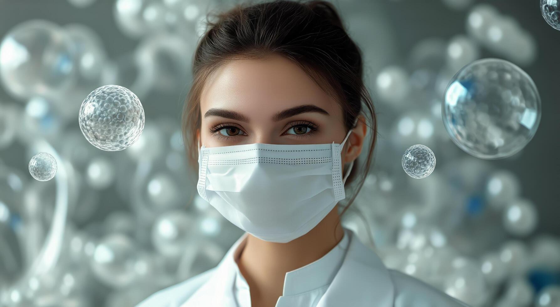 Medical Professional Wearing a Mask With Floating Colorful Spheres in a Lab Setting During Working Hours. photo