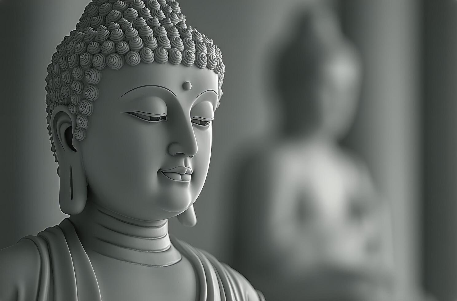 Serene Buddha Statue in Soft Light With Another Figure in the Background. photo