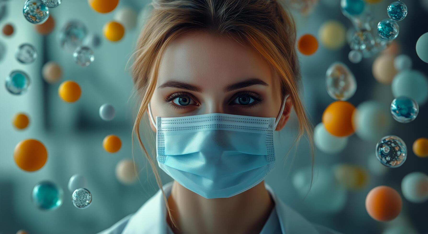 Medical Professional Wearing a Mask With Floating Colorful Spheres in a Lab Setting During Working Hours photo