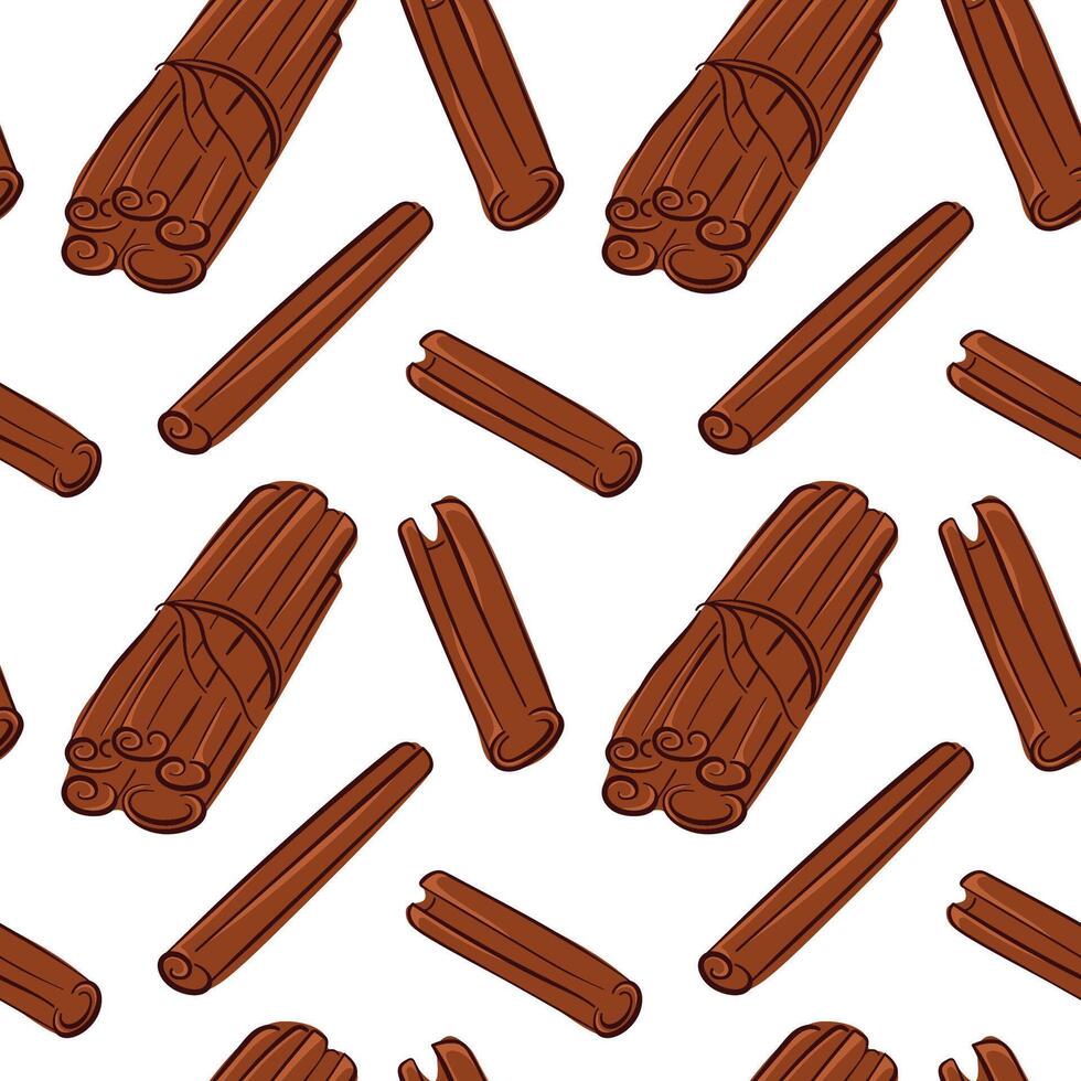 Flat style cinnamon stick hand drawn seamless pattern for spice store package, menu design. vector