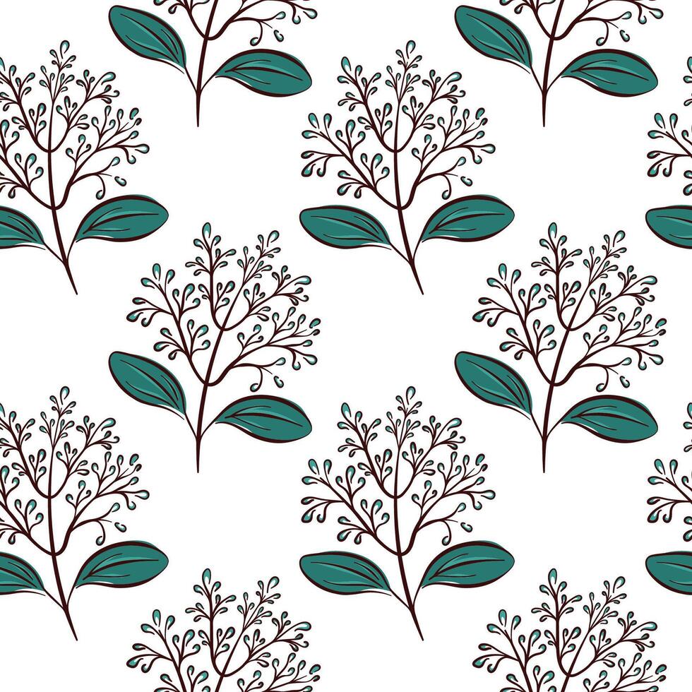 Seamless pattern with cinnamon flower branch drawn in flat style on white background. Perfect for botanical, bed linen and package design. vector