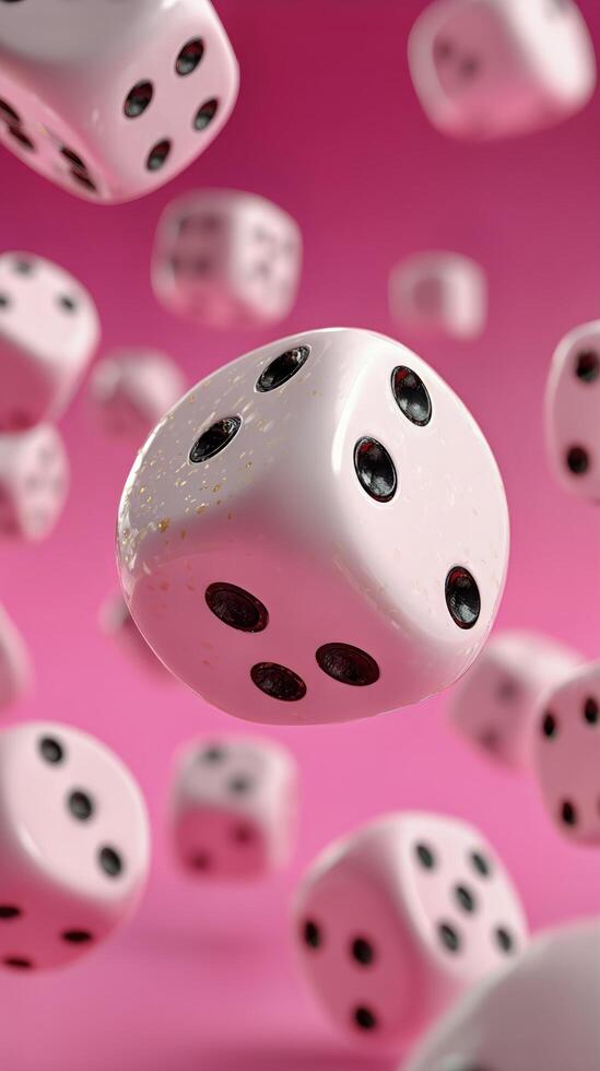 Floating Dice Create a Whimsical Atmosphere Against a Pink Background photo