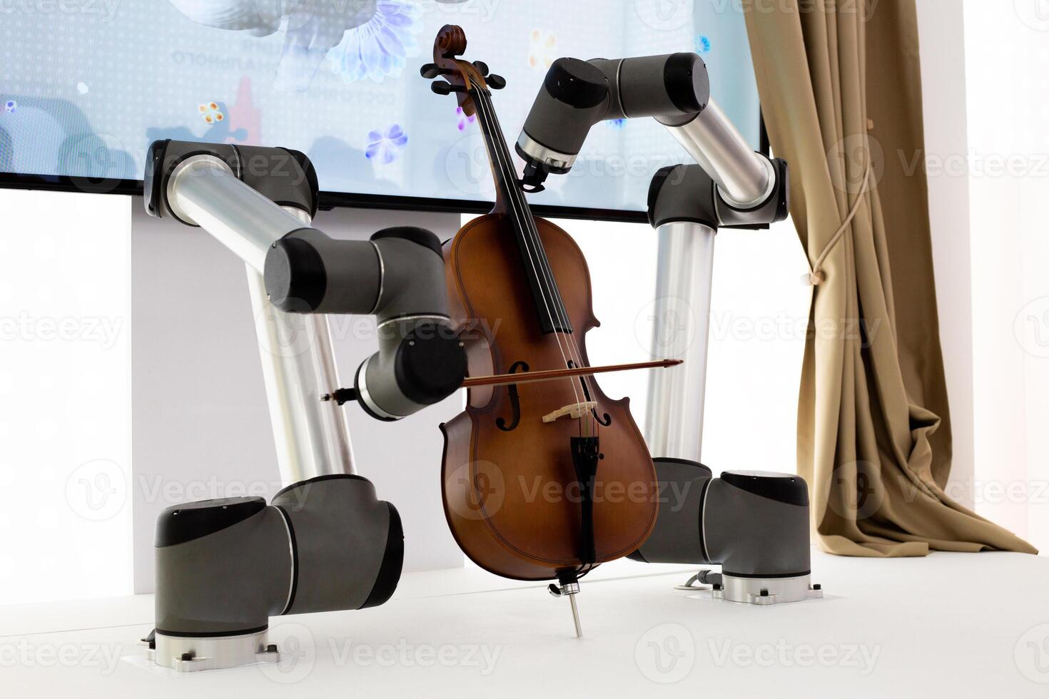 Robot delicately playing violin, symbolizing fusion of art and technology. This futuristic scene illustrates role of automation in creative expression, showcasing innovation and precision photo