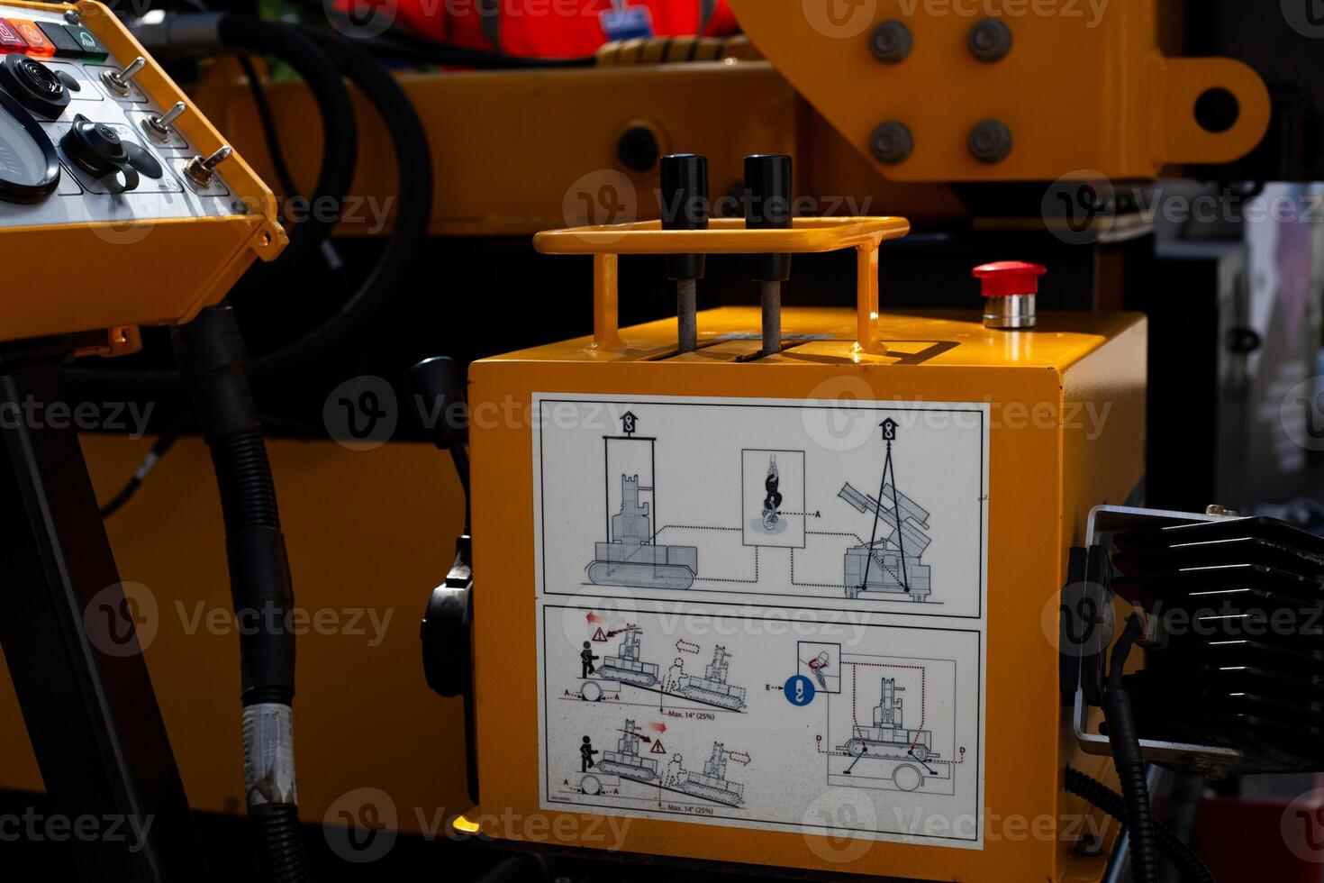Scheme of using pile driving equipment. Control switches for bringing the mobile pile driving system into working position. Concept of controlling special equipment using instructions photo
