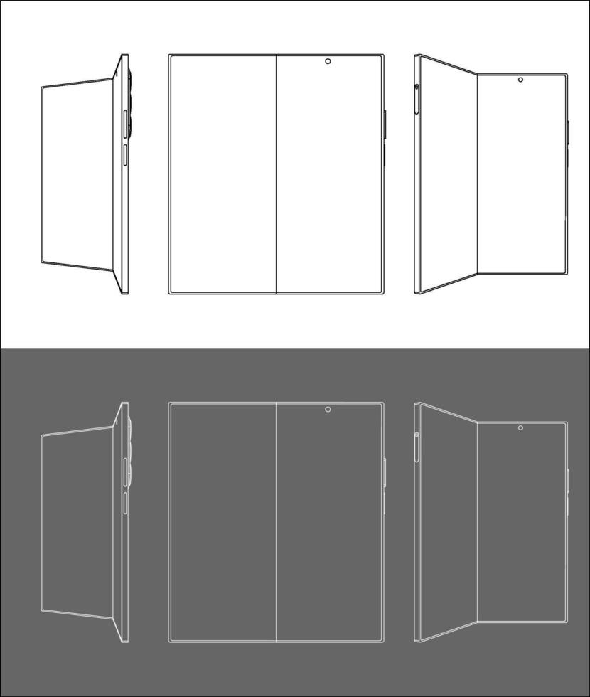 3D Line Drawing of a Foldable Smartphone in Multiple Views vector