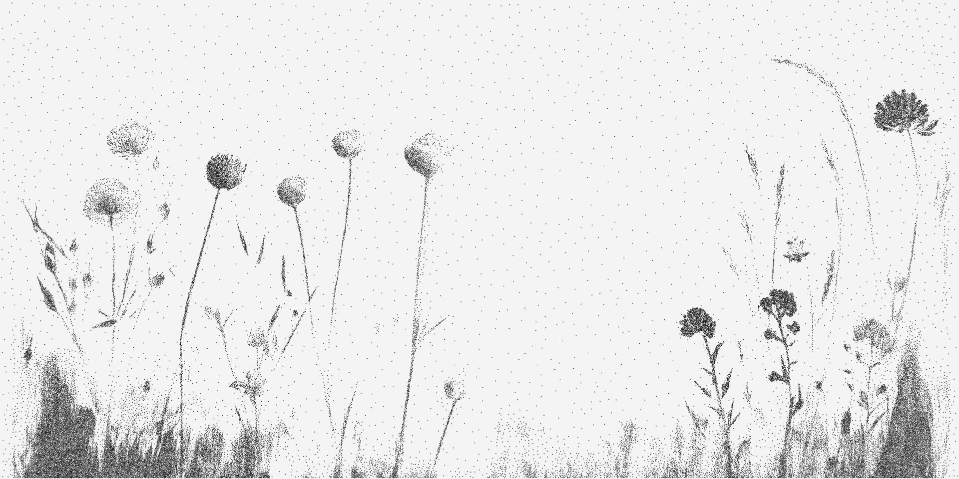 Wild flowers pattern. Grungy form with speckled dots, paper scratches and visible grainy blur. Threshold ink marks. vector