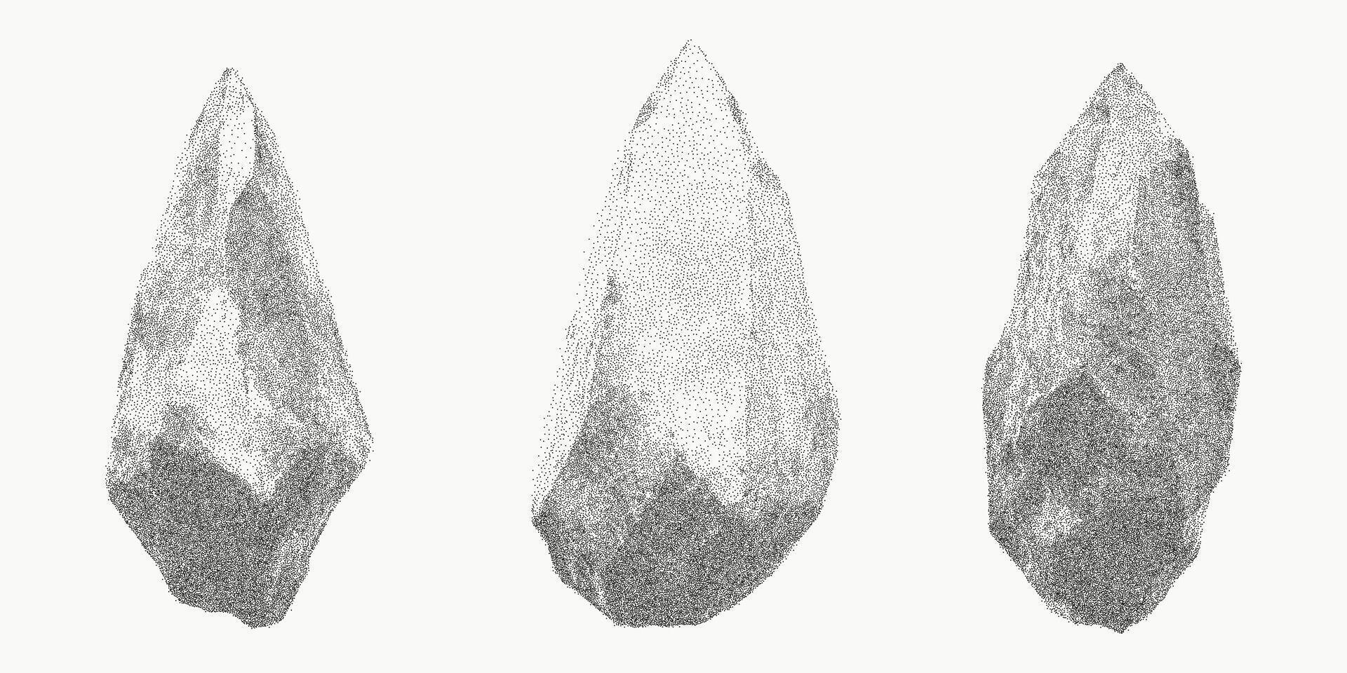 Set of crystals. Bold shape with gritty surface, dust particles and worn threshold edge. Rough grain texture with stipple scratches and faded ink marks. vector