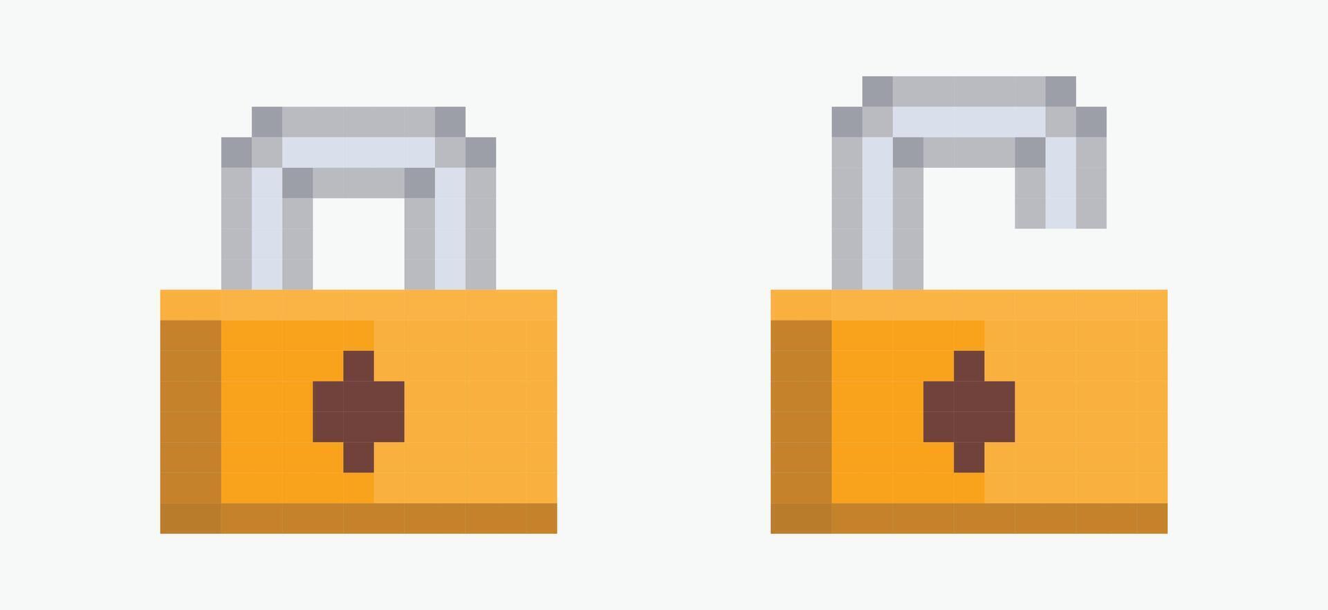 set padlock pixel art icon illustration, Two pixel art padlock icons are depicted. The first padlock is closed, and the second one is open. vector