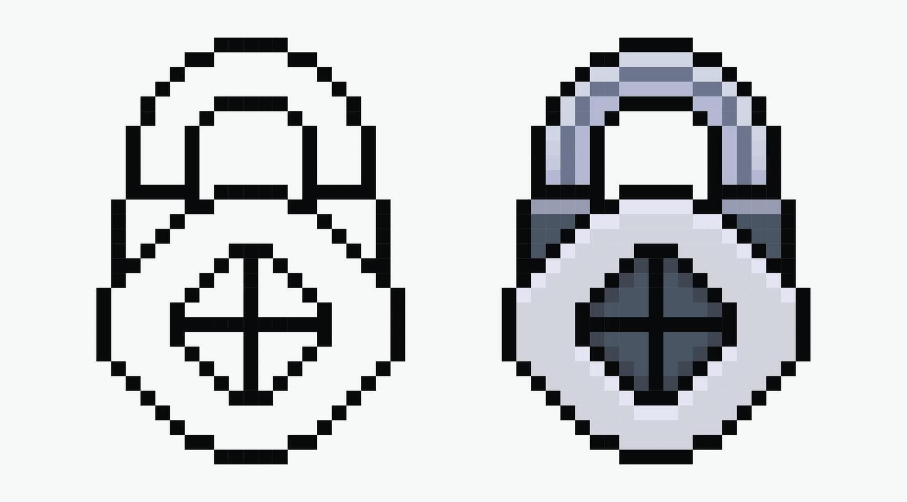 set padlock pixel art icon illustration, Two pixel art icons of padlocks, each with a circular dial featuring a cross design. vector