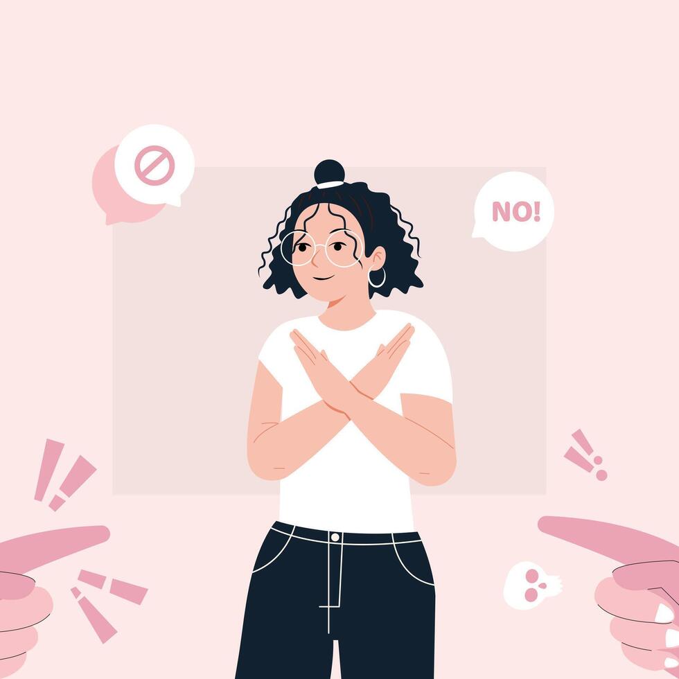 A confident woman with crossed arms says NO while surrounded by people trying to influence her. This image represents the importance of setting boundaries and asserting one self. vector