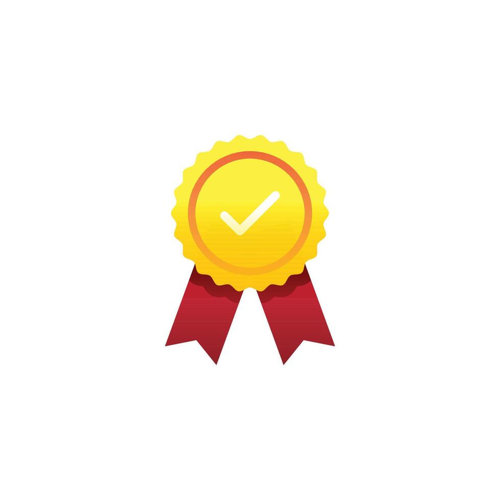minimalist illustration of a gold medal or approved icon with a red ribbon and a checkmark. This clean, flat design is great for concepts of quality, trust, and a seal of approval vector