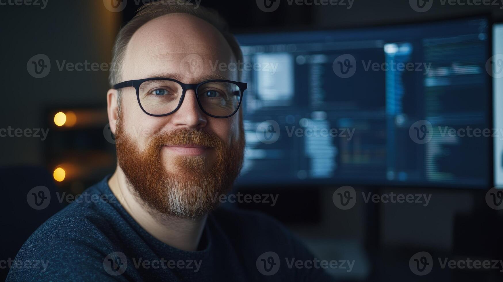 A man with a beard and glasses smiles confidently while seated in a modern home office. Two computer screens display coding and digital content, illuminated in the evening light photo