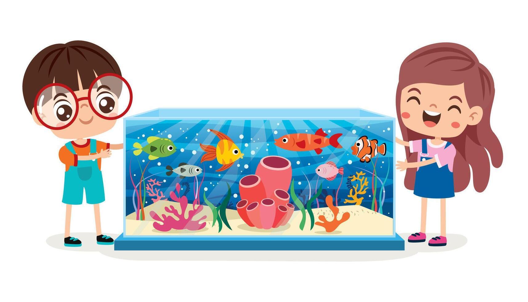 Happy reunion scene showing children excited about colorful fish swimming together